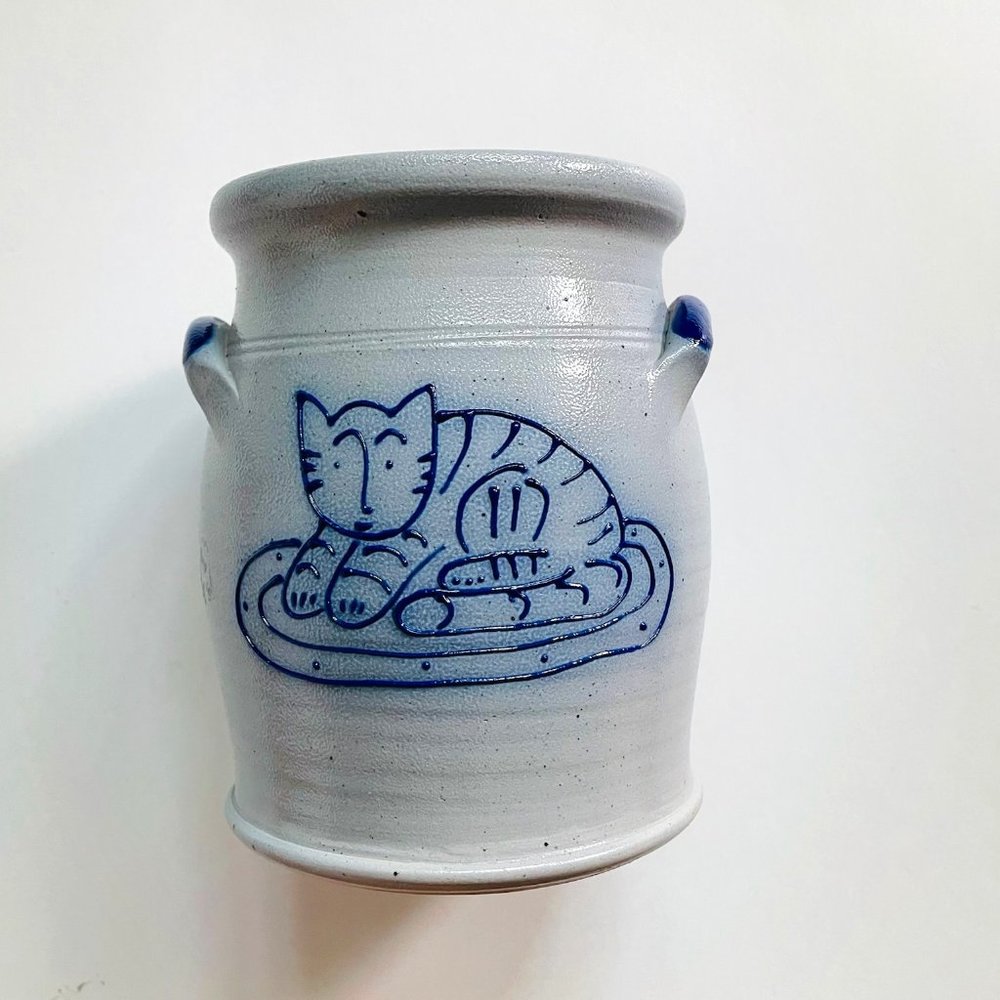 Folk Art Blue Enameled Cat Stoneware Pot Signed By Artist Edith